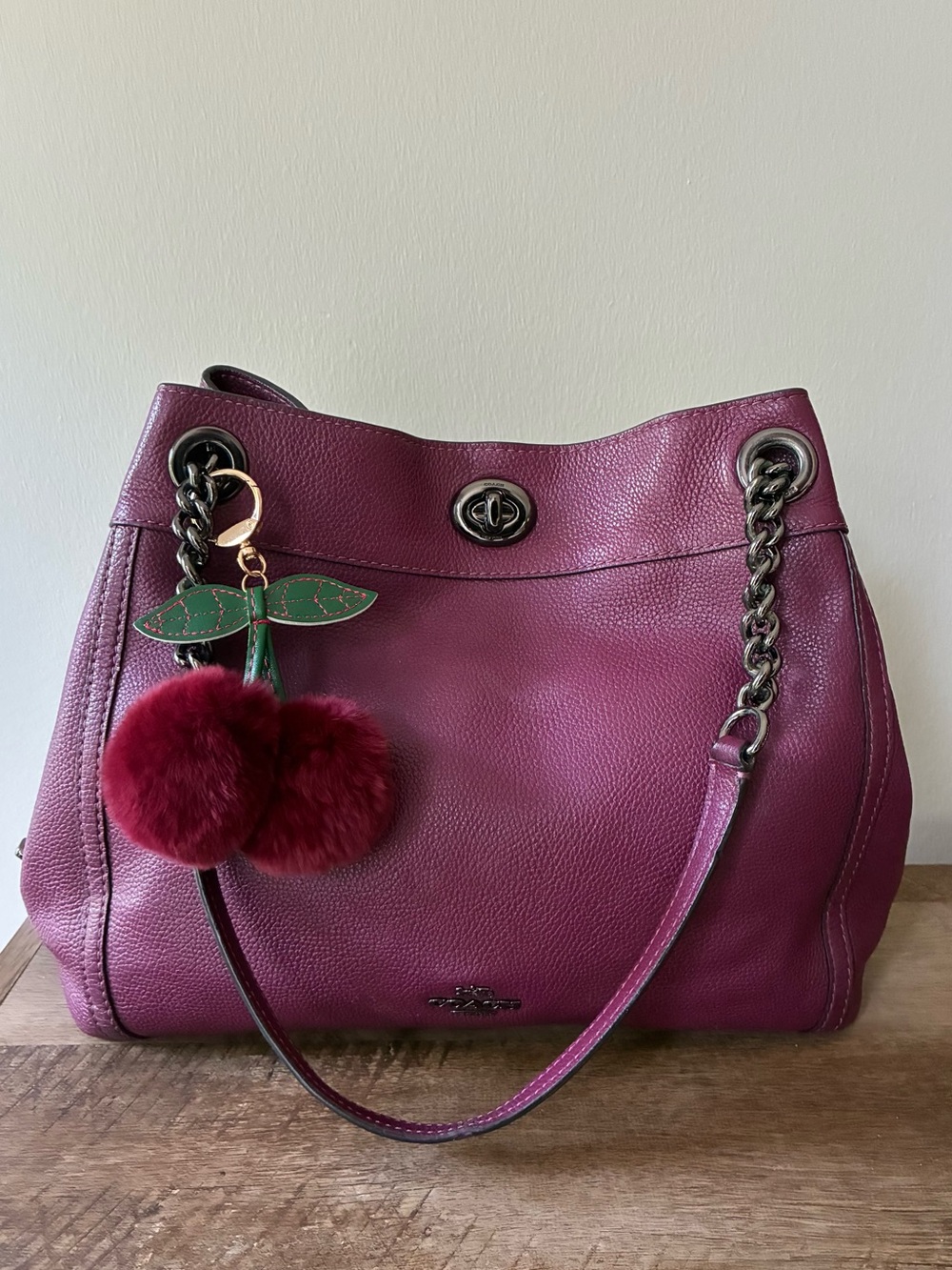 Coach Edie Turnlock Gunmetal Oxblood Leather Shoulder Bag